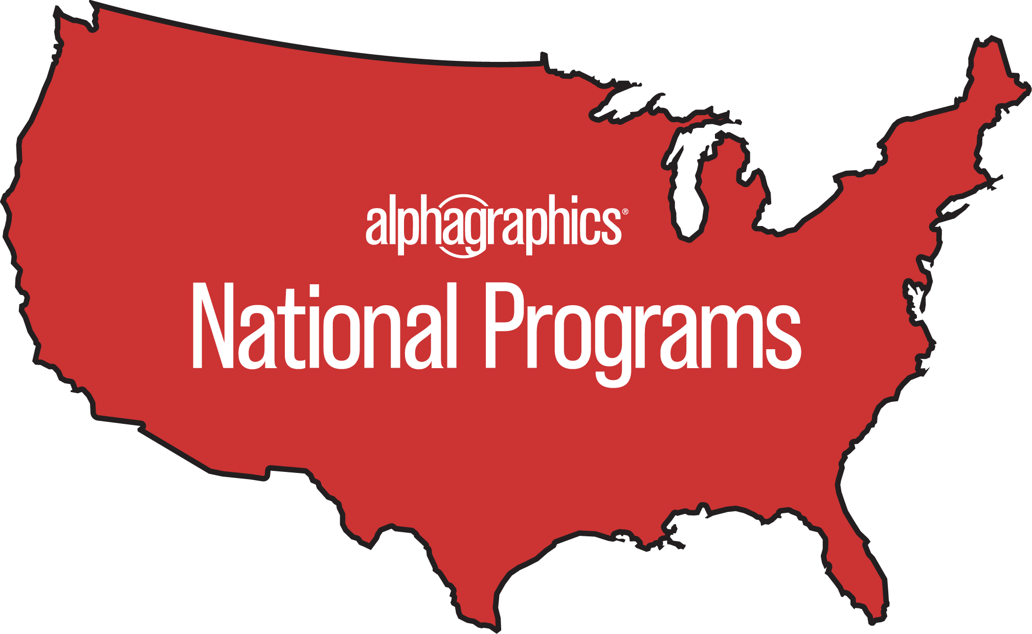 Red map of the USA with "alphagraphics National Programs" text in white.
