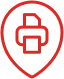 Red printer icon inside a map pin shape